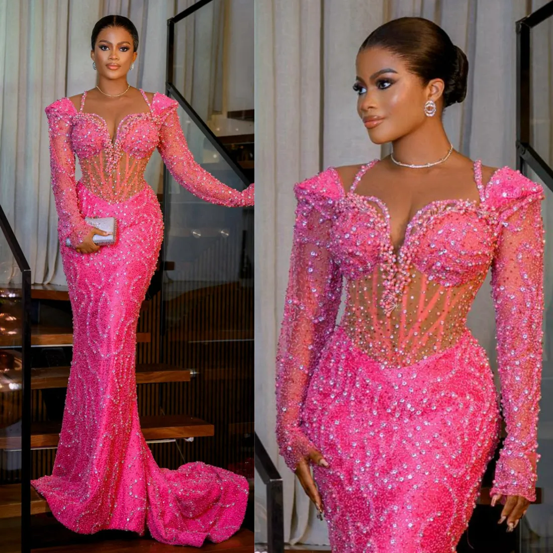 2024 ASO EBI PROM Dresses For Black Women Promdress aftonklänningar Elegant illusion Långärmar pärlor med spetsar glittrande födelsedagsklänningsmottagning klänningar am628