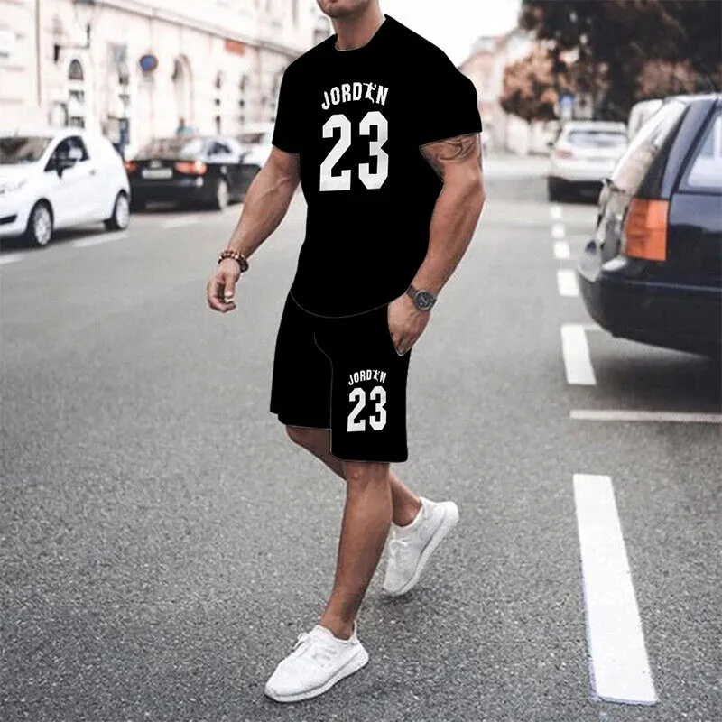 Black Mens Summer Mesh Hiphop Basketball Tshirt 23 Tryckta män kostymer fritidssportkläder streetwear shorts toppar 2 -stycken set 240321