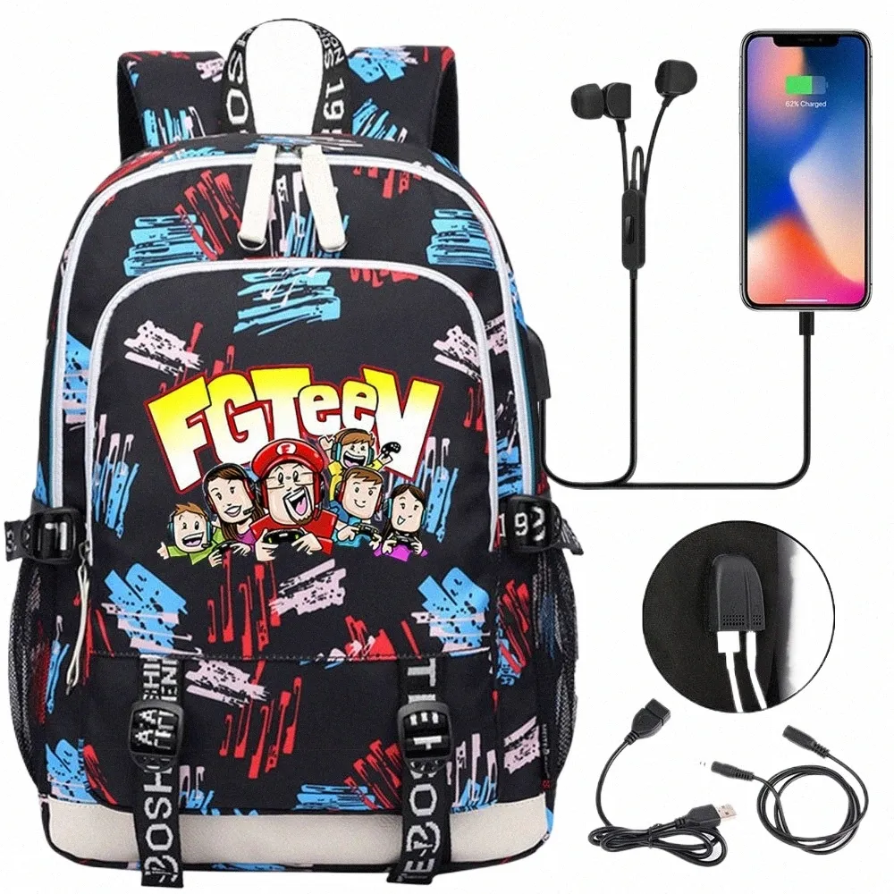 Nowy FGTEEV School Plecak Uczeń USB Torby Laptopa Bags Boys Daily Travel Plecaks Teenager College Mochila U6xd#