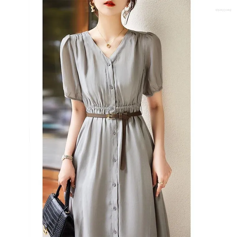 Party Dresses Bubble Sleeve Silk Dress Women Summer Ladies V-Neck Grey Mid Length Waist Clothes Midi Vestido Feminino