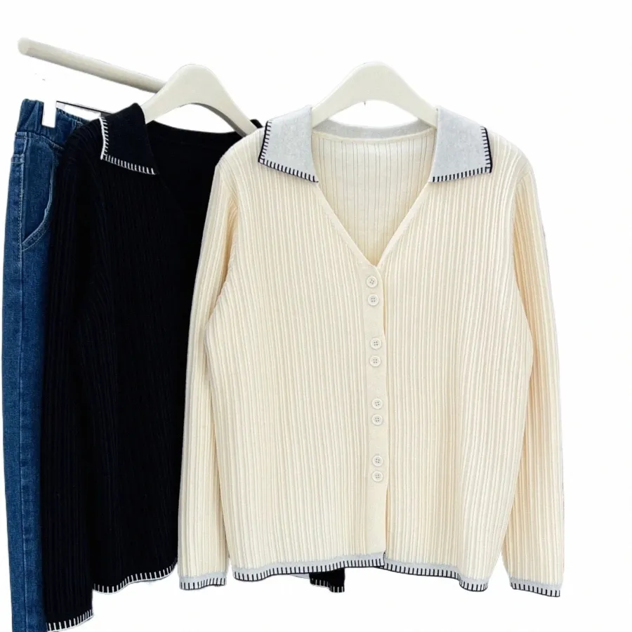 Einfache Revers V-Ausschnitt Strickjacke Pullover Damen Plus Größe Herbst Winter 2023 Freizeitkleidung LG Sleeve Jumper H7 8001 q1RR #