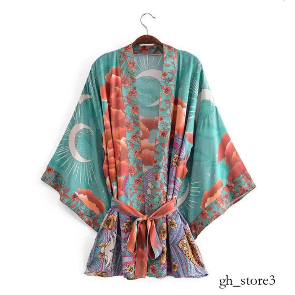 Kimono Moon Print Thin Style Summer Women Kimono Shirts Fashion Open Front Drop Shoulder Female Loose Blouses with Sashes 529