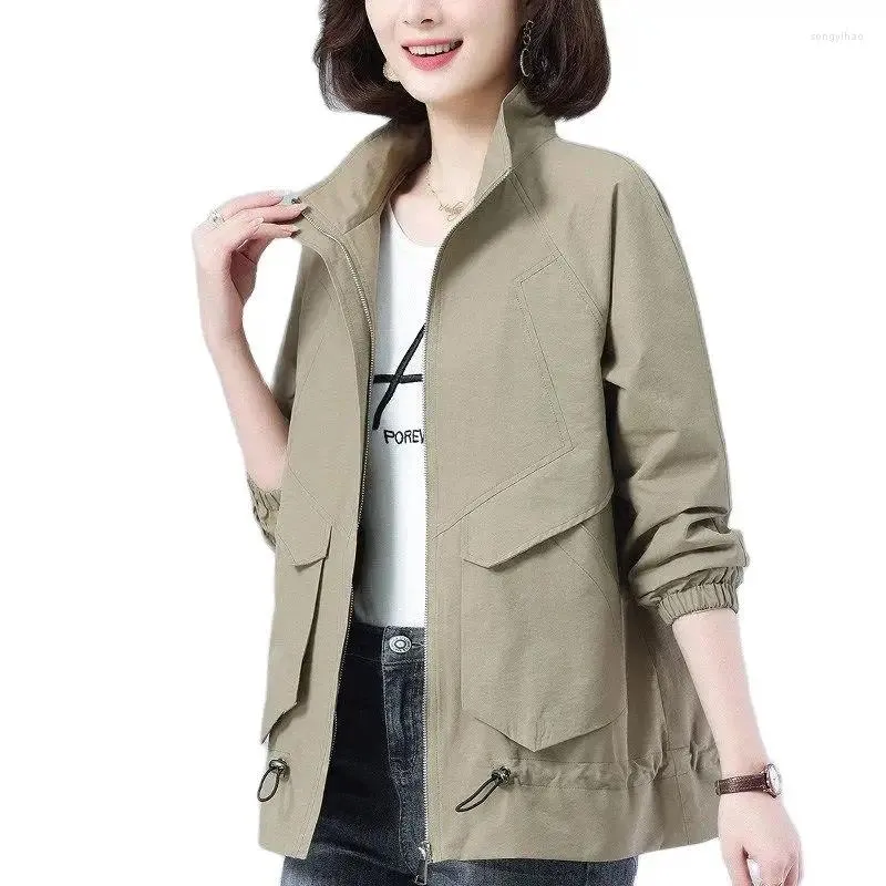 Casacos de trincheira femininos 2024 outono meia-idade mãe jaqueta manga longa simples curto blusão feminino casual básico casaco outerwear topos