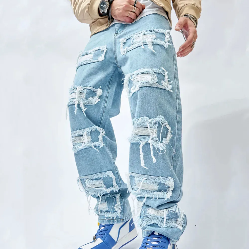 Simples e elegante homens rasgados remendo hip hop calças jeans soltas streetwear masculino calças jeans retas 240329