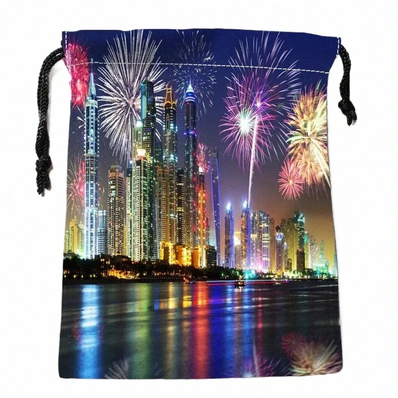 Nuevo llega Dubai Night Scenery Bolsas con cordón Bolsas de almacenamiento personalizadas Bolsas de regalo impresas Más tamaño 18 * 22 cm DIY su imagen o8RW #