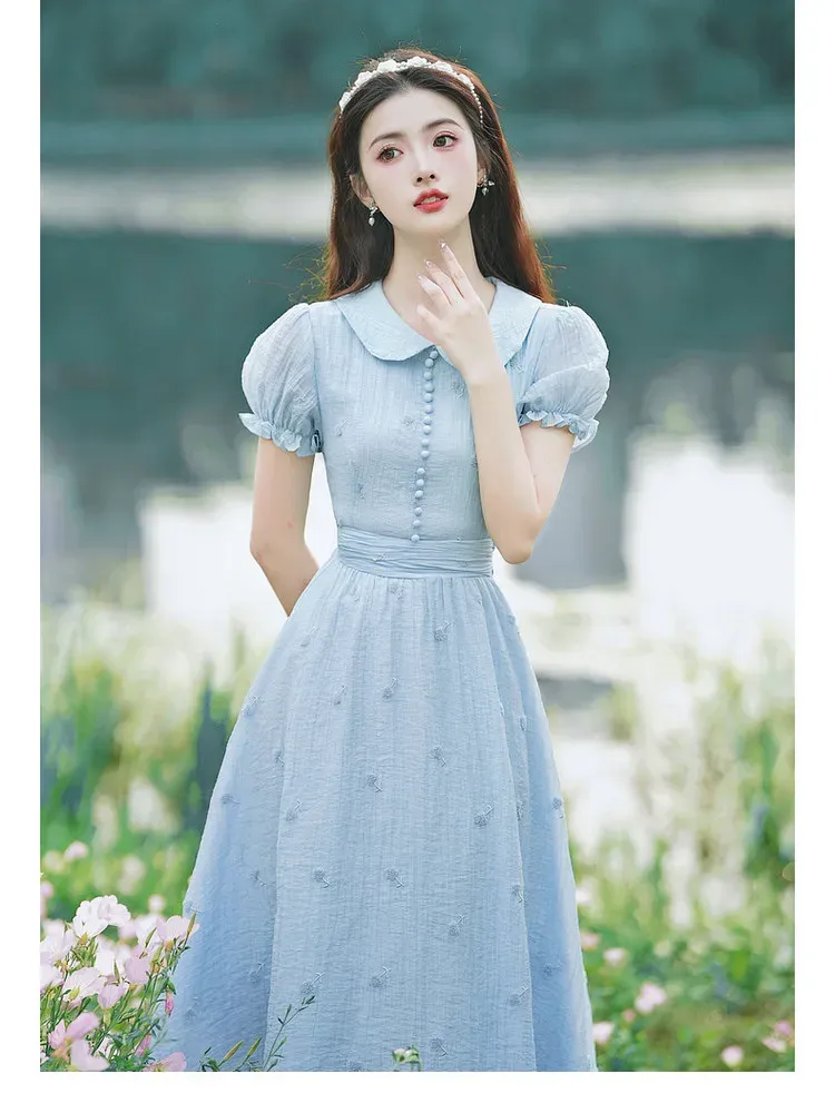 Vintage French Embroidered Blue Vestidos with Peter Pan Collar - High Quality Short Sleeve Sweet dress for Women's Summer