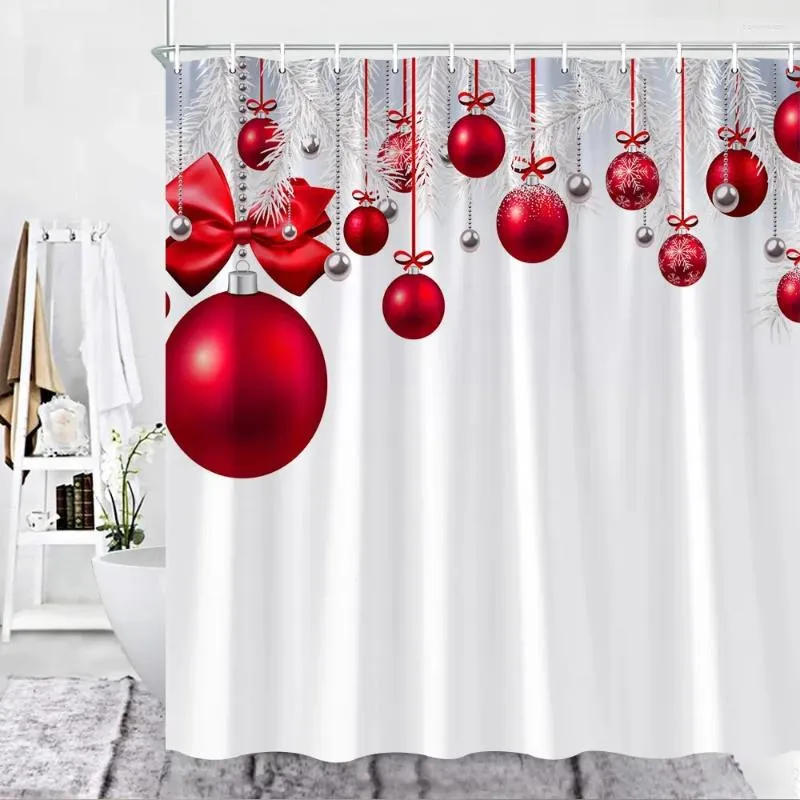 Shower Curtains Christmas Curtain Set Red Xmas Balls Fir Holidays Decor Fabric Hook Bathroom Accessories Sets