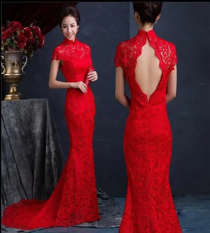Rode Kant Zeemeermin Avondjurken Chinese Feestjurken Lange Zijde Slanke Cheongsam-jurken Verbeterde Rode Hoge Kraag Ruglooze Bruidsdre3042660