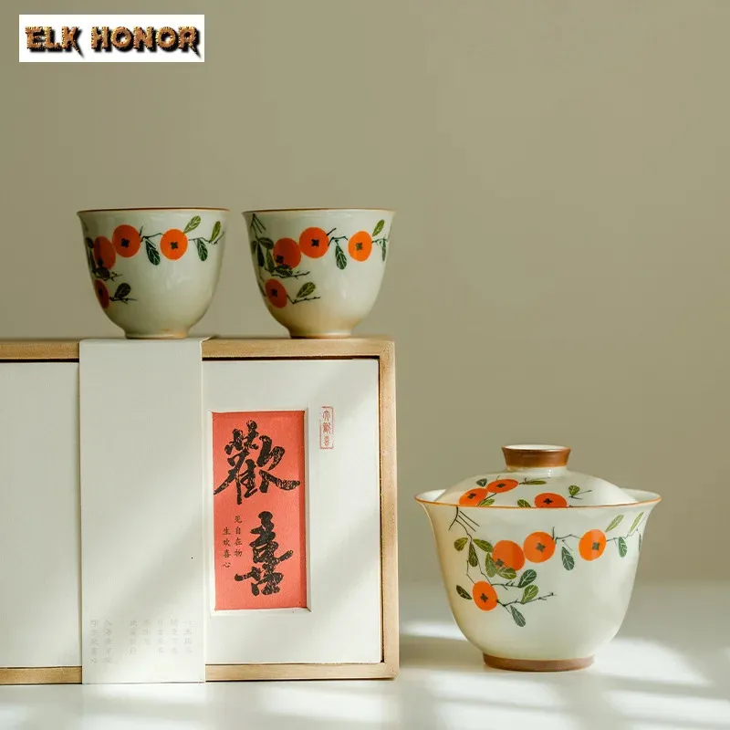 Rein handbemalte Persimmon -Tee -Set komplettes Retro -Pflanzen -Asche Zeremonie Brewing Gaiwan Cup Tea Wayers Craft 240328