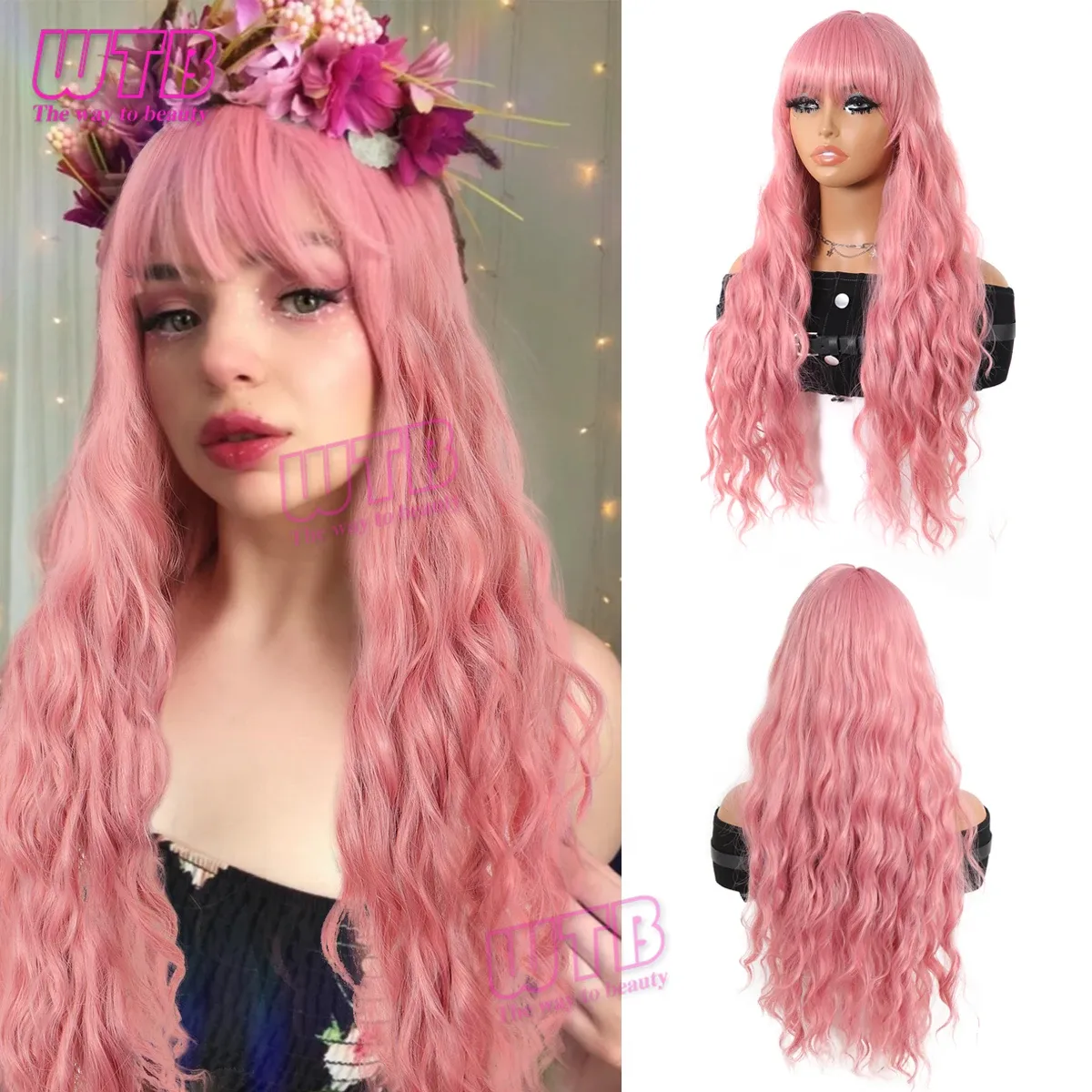 Wigs WTB Synthetic Lolita Long Water Wave Pink Wigs with Bangs for Women Heat Resistant Fashion Cosplsy Party Halloween Wigs
