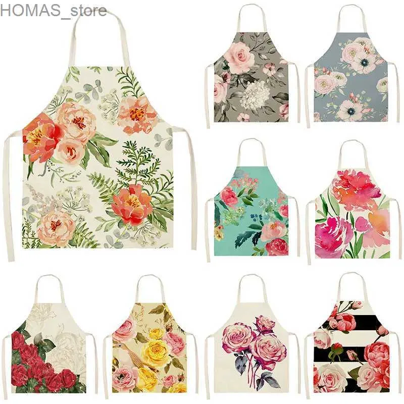 Schürzen Blumenmuster Reinigung farbenfrohe Schürzen Hauskochen Küche Schürze tragen Baumwollwäsche Erwachsene Bibs Home Decor Frauen Mann Schürzen Y240401