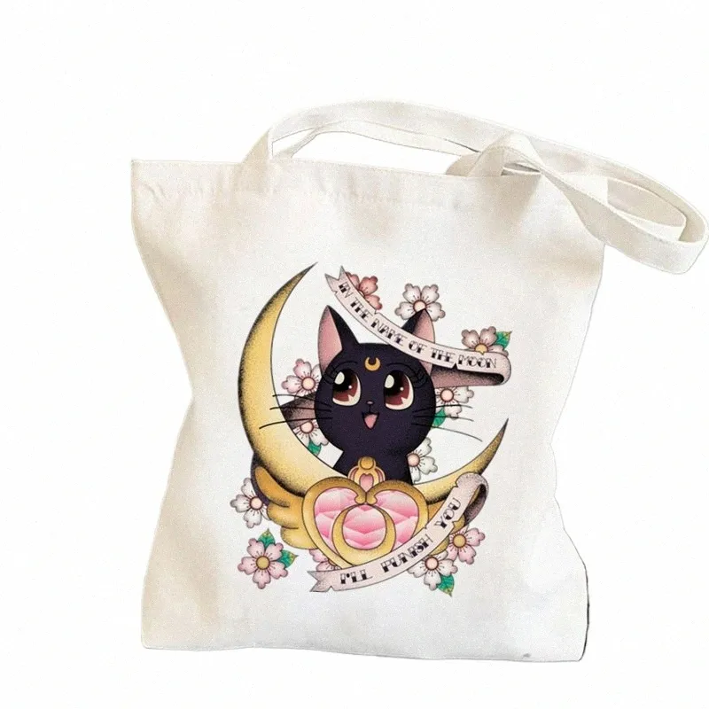 shopper Sailor Meow On the mo Kawaii Bag Harajuku donna Shop Bag Canvas Shopper Bag borsa a tracolla per ragazza Lady Z3wb #