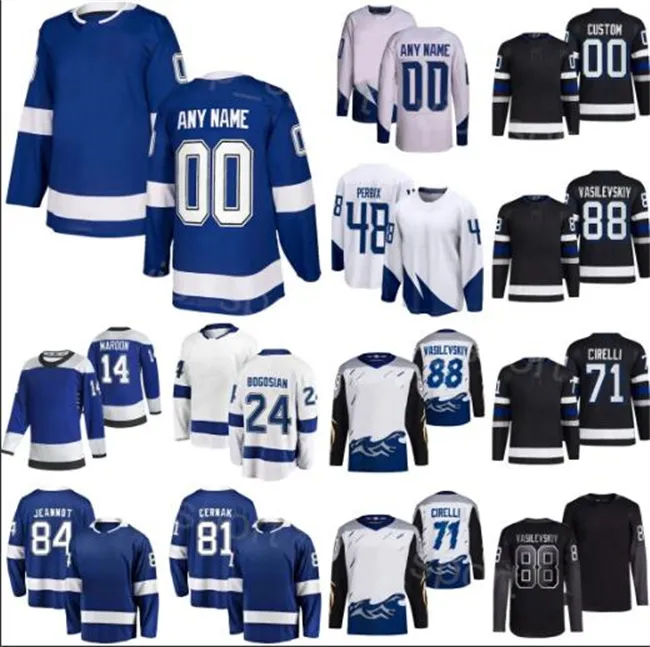 Anpassad blixttröja män kvinnor ungdom Brayden Point Steven Stamkos Andrei Vasilevskiy Nikita Kucherov Black Alternate Stitched Hockey Jersey Viktigt namn