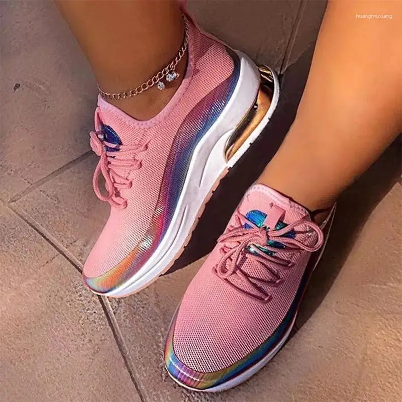 Zapatos deportivos coloridos para mujer, zapatillas de deporte con cordones vulcanizadas informales para mujer, zapatillas planas cómodas para caminar para mujer s4