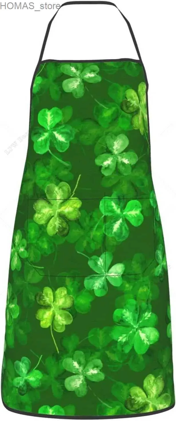 مآزر أربع أوراق البرسيم ل Saint Patrick Day Aprons Women Kitchen Chef Cooking Baking Bib Maron Men for Valentines Day Gifts Y240401