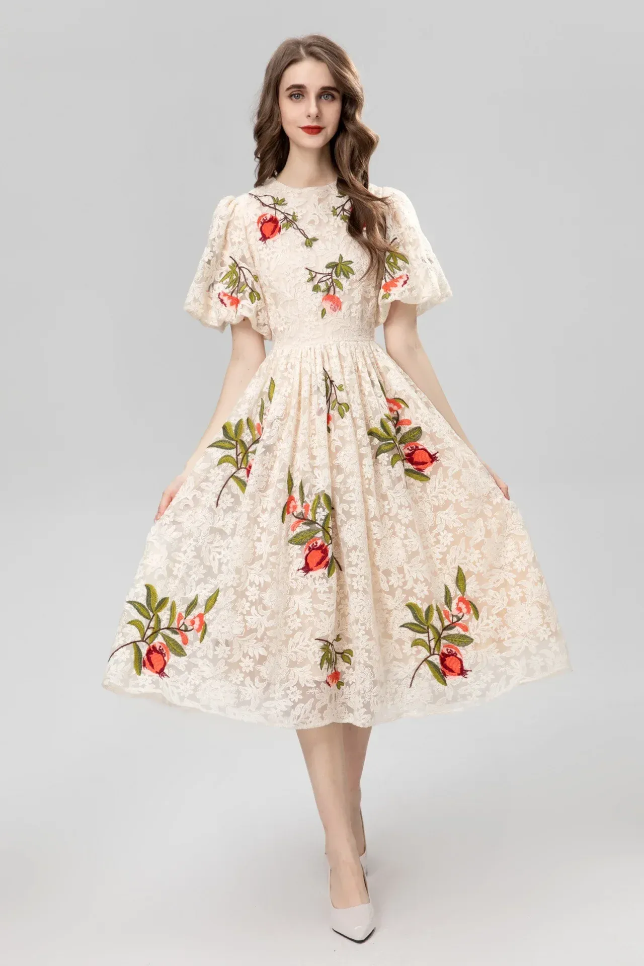 Ladies Dresses for Women 2023 Spring Summer Beige Knee Dress High Quality Embroidery Flowers Fruit Puff Sleeve Women Dress