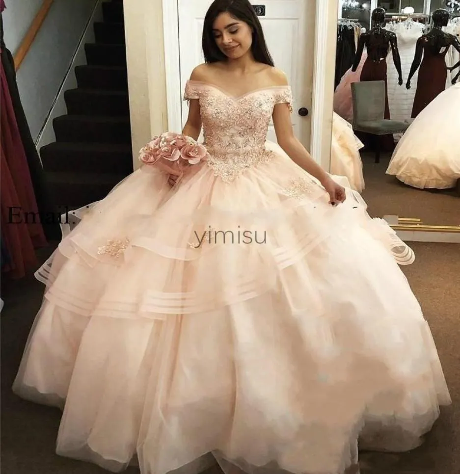 Babyrosa Ballkleid Quinceanera-Kleider, schulterfrei, mit Schnürung am Rücken, Applikationen, Perlen, lange formelle Abschlussball-Party-Kleider für Süßes 163235522