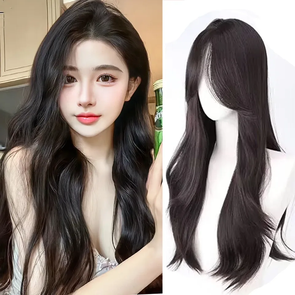 Perruques HOUYAN perruque synthétique cheveux longs ondulés noir brun avec frange perruque bouclée naturelle femme Cosplay perruque fibre résistante à la chaleur