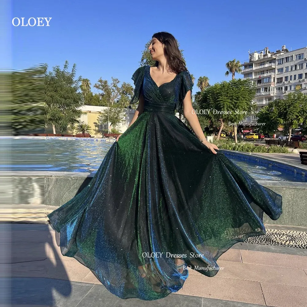 green shiny prom dress Green Shiny Tulle Short Sleevse Long Formal Dress, Green A-line Prom D –  Cutedressy main image 0