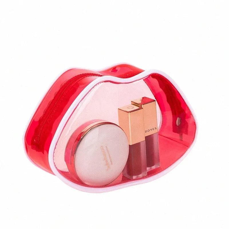 Borse cosmetiche da donna trasparenti PVC impermeabile Cute labbra rosse Forma rossetto Custodia da viaggio Trucco Organizzatore di stoccaggio Accories S2Rm #