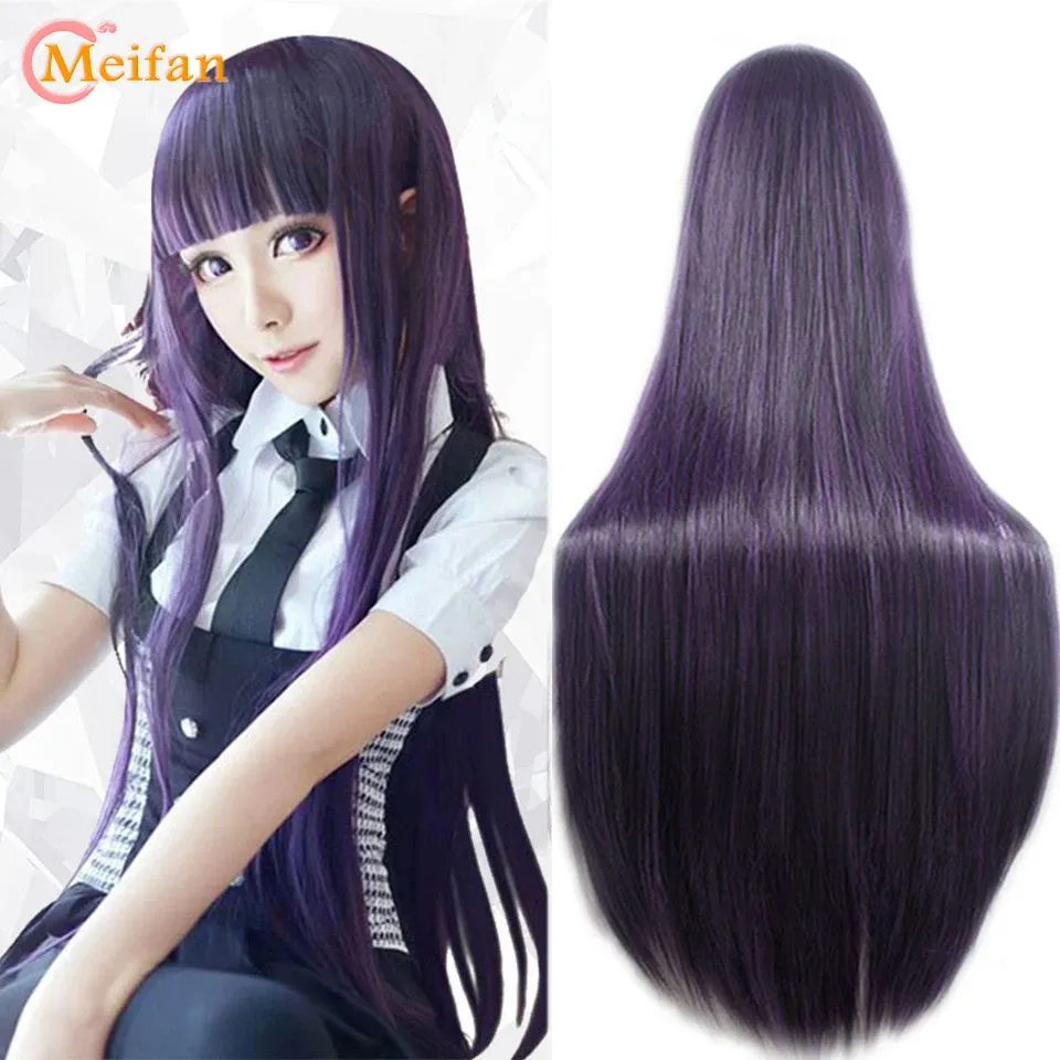 Парики MEIFAN, аниме-парики для косплея, длина 100 см, прямые термостойкие синтетические фиолетовые, черные натуральные волосы, карнавальный костюм, парик для вечеринки