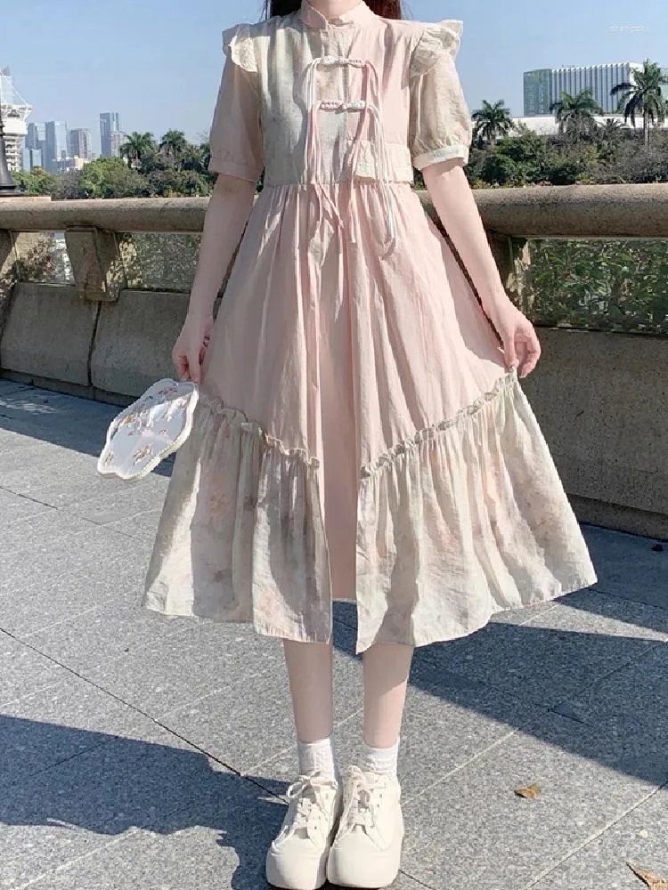 Повседневные платья в китайском стиле в консервативном стиле Mori Girl Kawaii с воротником-стойкой и узлом кружева с рюшами элегантный темпераментный розовый для женщин