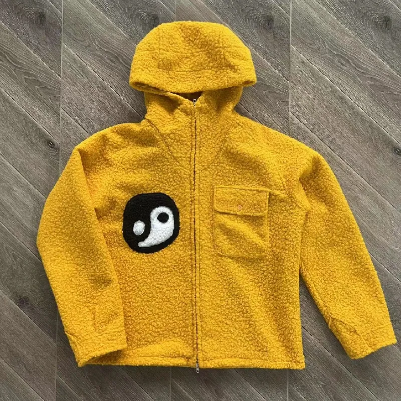 Y2K Yellow Wool Hooded Cardigan Zipper Jacket with Tai Chi