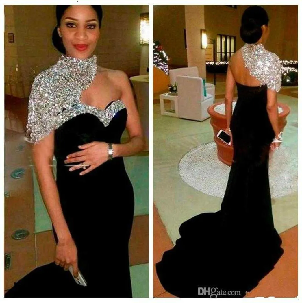 2020 Bling Bling Elegant Black Long Mermaid Evening Dresses High Neck Crystal Beaded Short Sleeves Women Crystal Beaded Formal Pro8540663