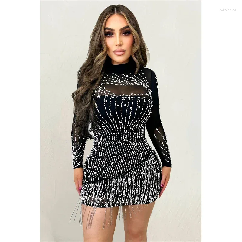 Robes décontractées Haute Qualité Maille À Manches Longues Gaine Strass Gland Noir Fête D'anniversaire Robe Pour Femmes Perles Diamant Sexy Night Club