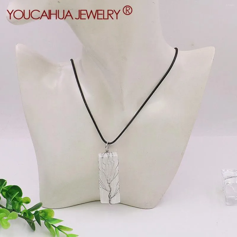 Pendant Necklaces 55x18mm Natural Stone Rectangular Crystal Necklace Winding Tree Of Life Jewelry Personalized Neckchain Unisex