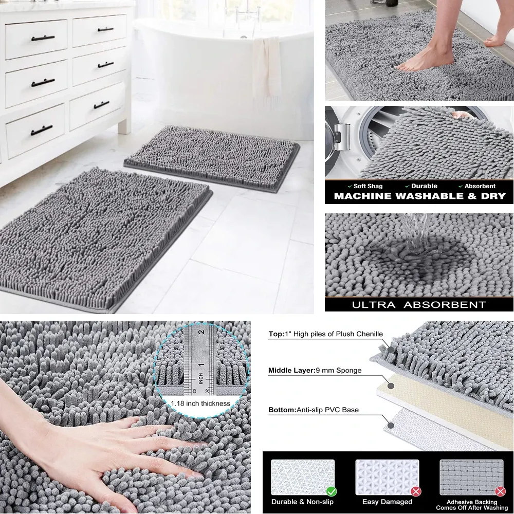 Chenille Bath Rug 20 × 32 in Plush Non-Slip Shaggy Bathroom Mat Machine ...