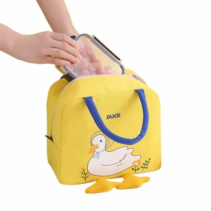carino piccola anatra gialla pranzo al sacco borsa termica portatile in tela isolata borsa da pranzo termica per alimenti modello Carto per le donne X8KR #