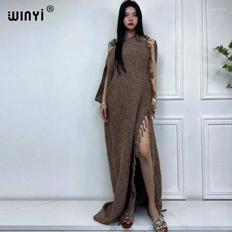 Swobodne sukienki Winyi seksowna dzianina na dzianinowa sukienka w zimie komfort ciepły czysty kolor caftan wakacje elegancka impreza kaftan dla kobiet