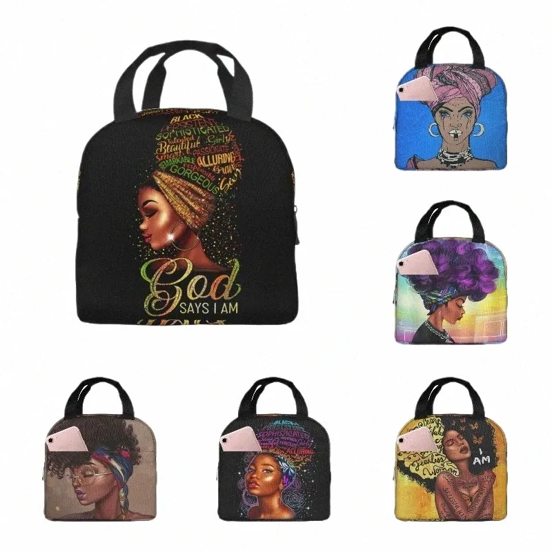 Black Queen African American Girl Lunch Bag Tote Maaltijdtas Herbruikbare geïsoleerde draagbare Afro Black Girl Lunchbox Handtassen Vrouwen f9ZR #