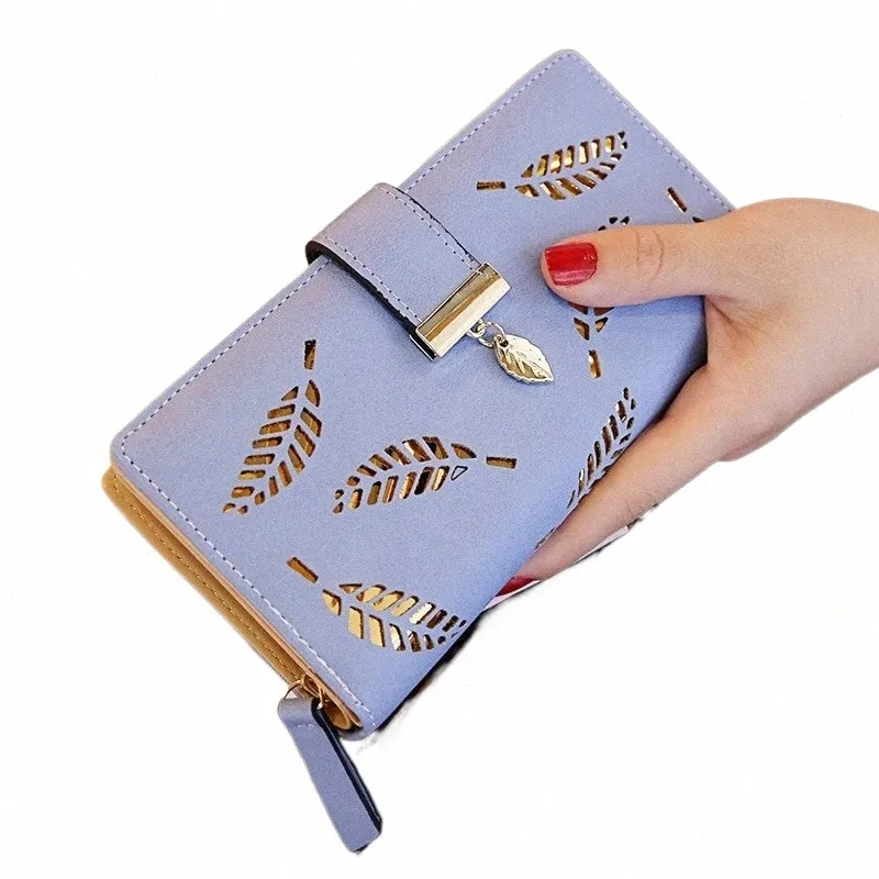 Fi Pu Leather Wallet Purse Women LG Wallet Gold Hollow Leaves Pouch Handbag for Women Coin Purse Card Holders Clutch X8C4＃