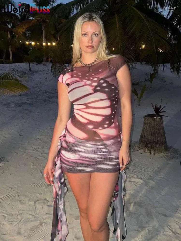 Casual Dresses Weird Puss Butterfly Print Dress Women Summer Trend See Through Sleeveless Thin Beach Vacation Clubwear Slim Mini Bodycon