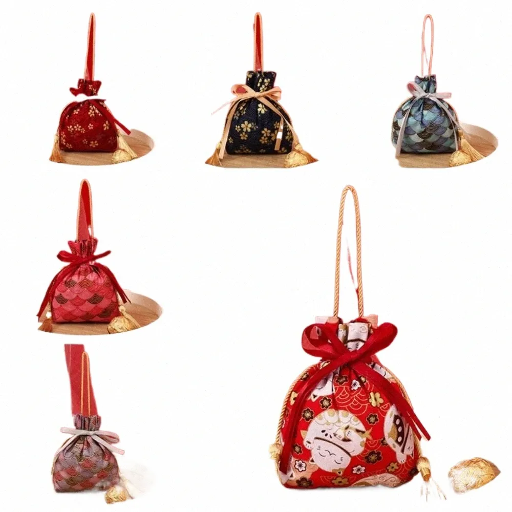 Сакура Холст с цветочным принтом Fr Сумка на шнурке Lucky Cat Атласный бант Праздничная сумка для сахара Свадебная сумка для конфет для хранения z2k0 #