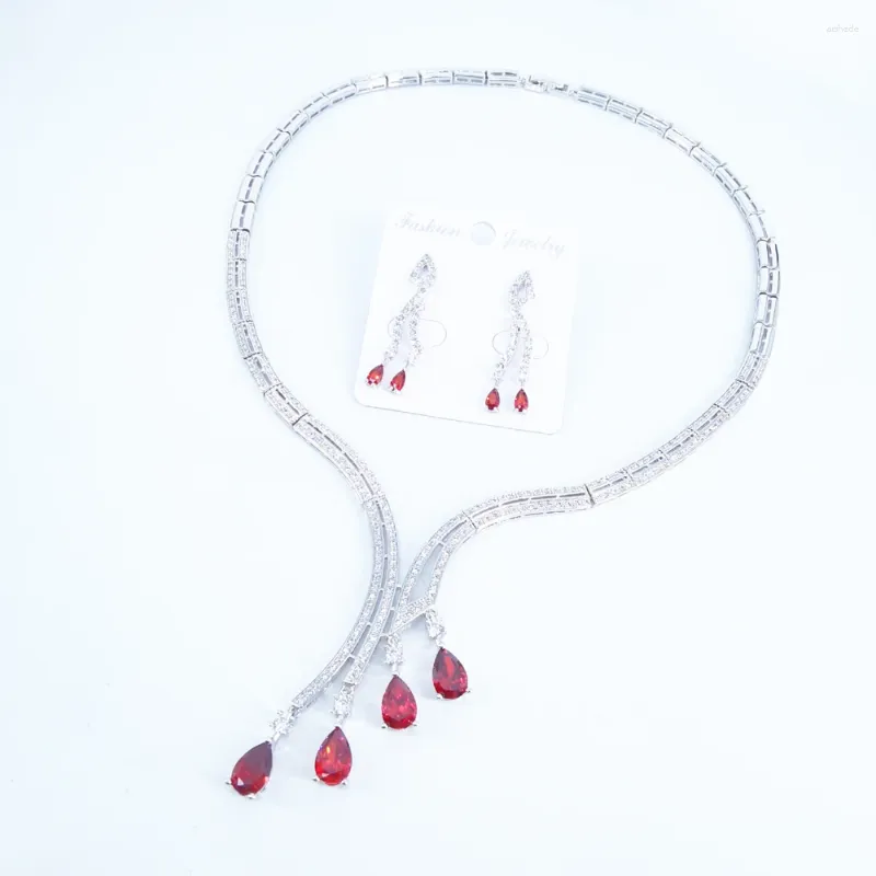 Necklace Earrings Set 2024 Fashion Red Crystal Water Drop CZ Zircon Wedding Bride Banquet Formal Dress Earring Jewelry