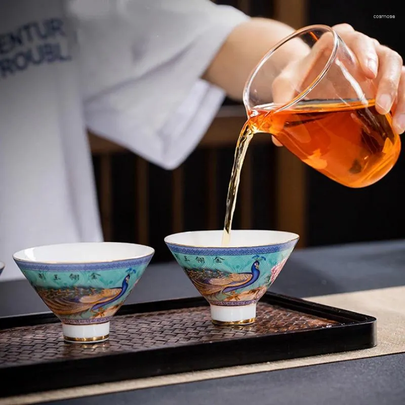 Service à thé coloré en émail, tasses, soucoupes, Style paon, bol en céramique, propriétaire, chapeau en bambou unique