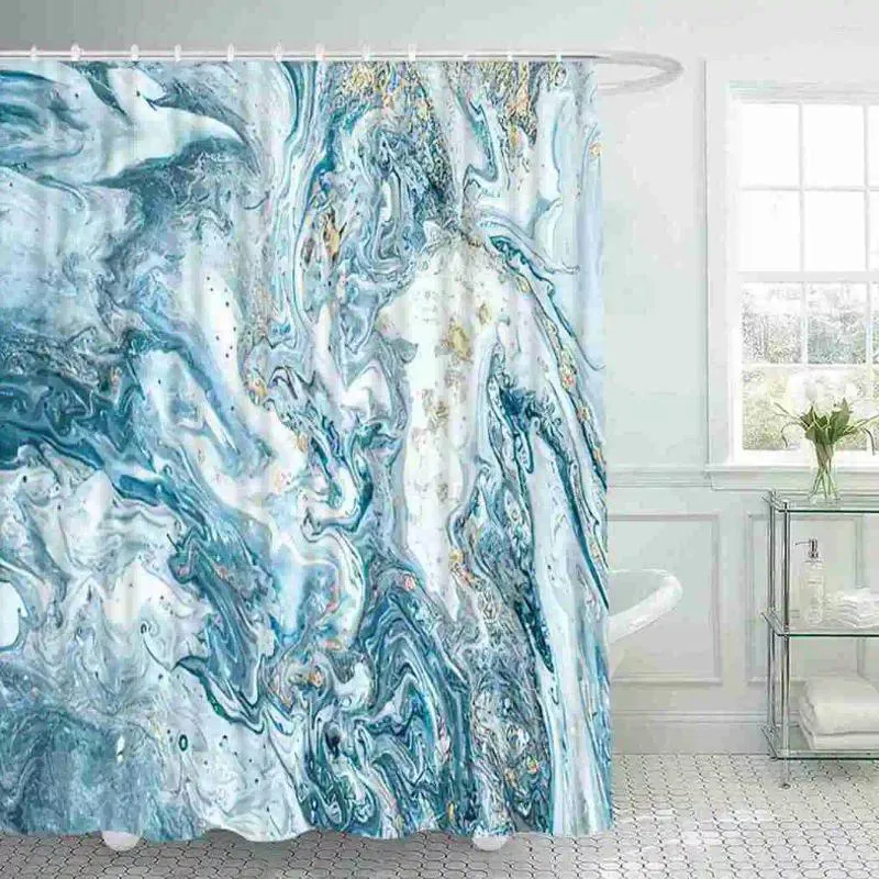 Duschgardiner abstrakt textur blå guld färgglad vätska marmor badrum vattentät polyester frabisk badgardin med krokar