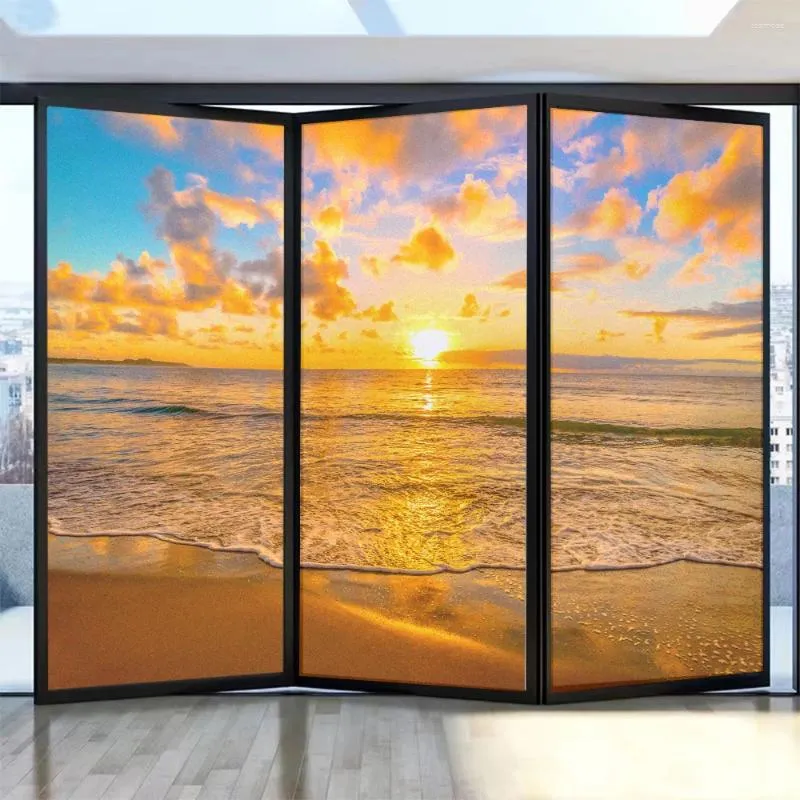 Window Stickers Seascape Sunset Pattern Privacy Film PVC Frosted Sun Blocking Static Cling Glass Badrum Dörr Heminredning