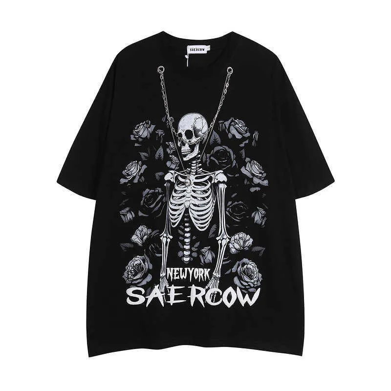 High Street American Style Chain Rose Skull Print Trendy Brand Vtg Short Sleeved Hip-hop Loose Couple T-shirt for Men