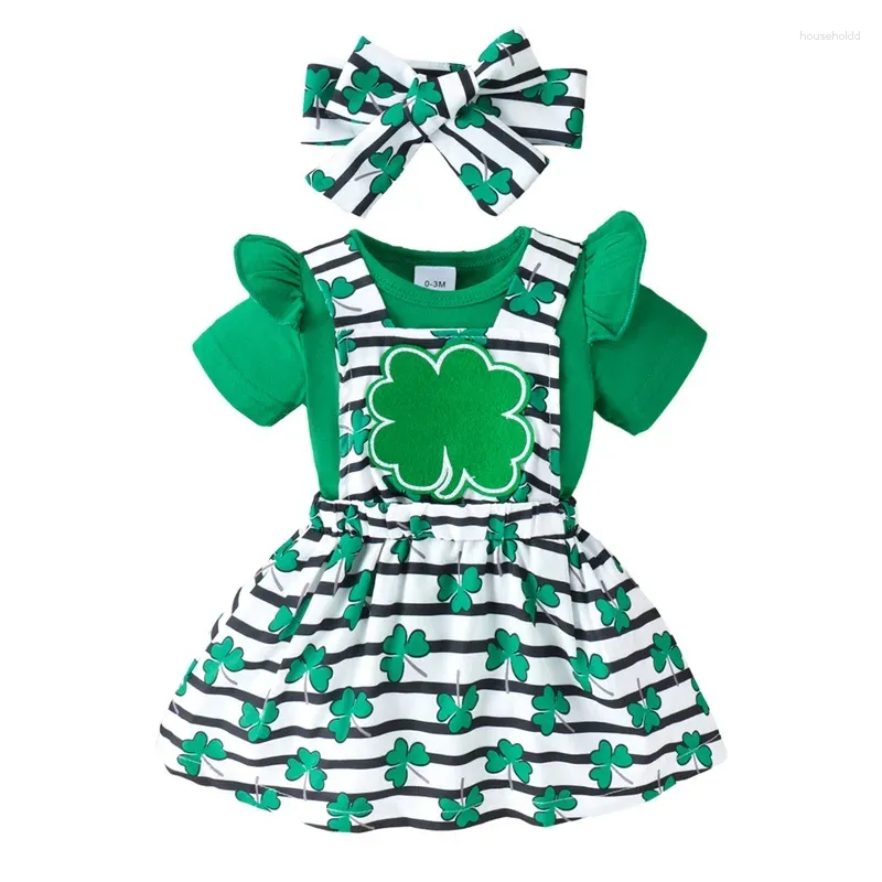 Kledingsets Pudcoco Geboren babymeisje St Patrick S Day-outfits Kleding Klaverprint Lange mouw Romper Rok Strik Hoofdbandset 0-18M