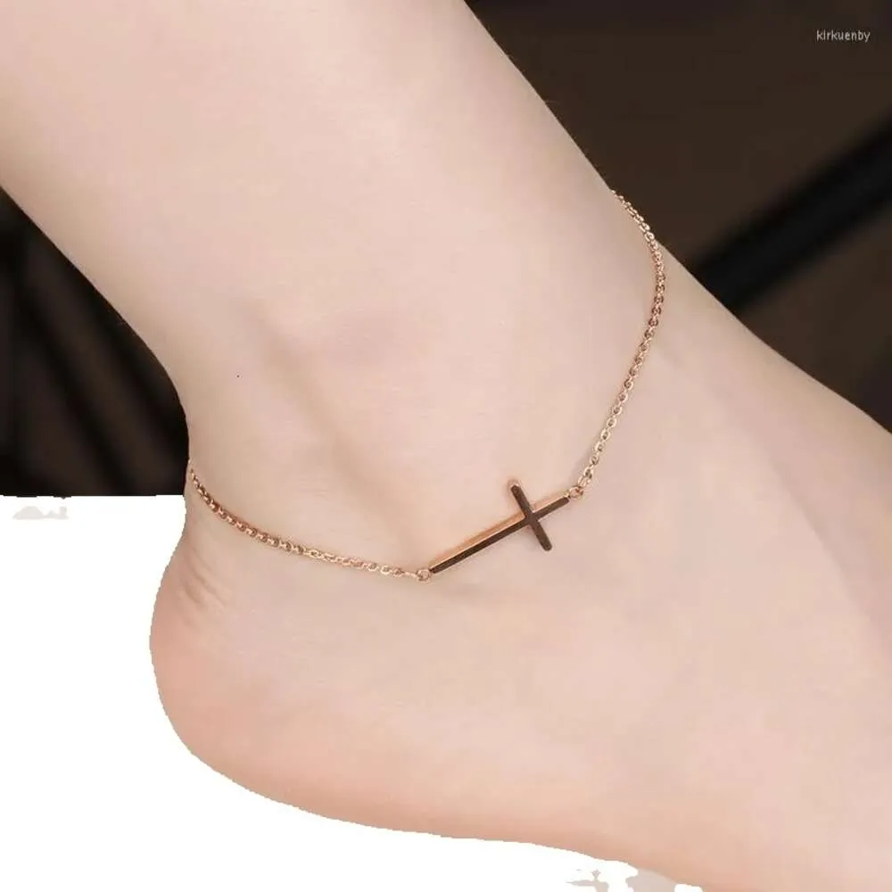 Anklets Cross Anklet for Women Men GP Rose Gold Color Classic Titanium Steel Jewelry Fashion Foot Chain Gift (GA118)