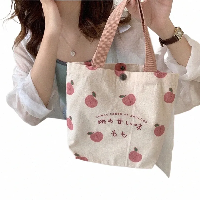 Mini Canvas Lunch Bag Cute Peach Design, Japanese Korean Style
