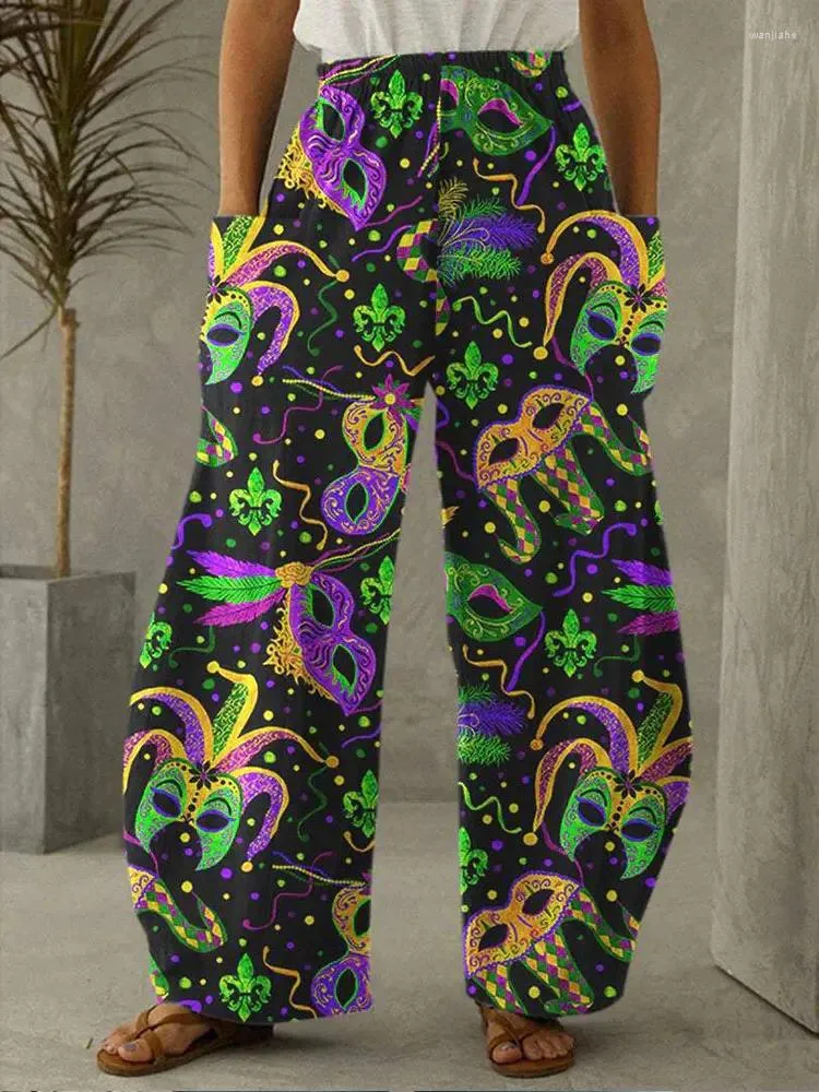 Women's Pants Mardi Gras Wide Leg Full Length Clown Feather Graphics Pattern Printed Thin Hipster Fashion Streetwear Trousers