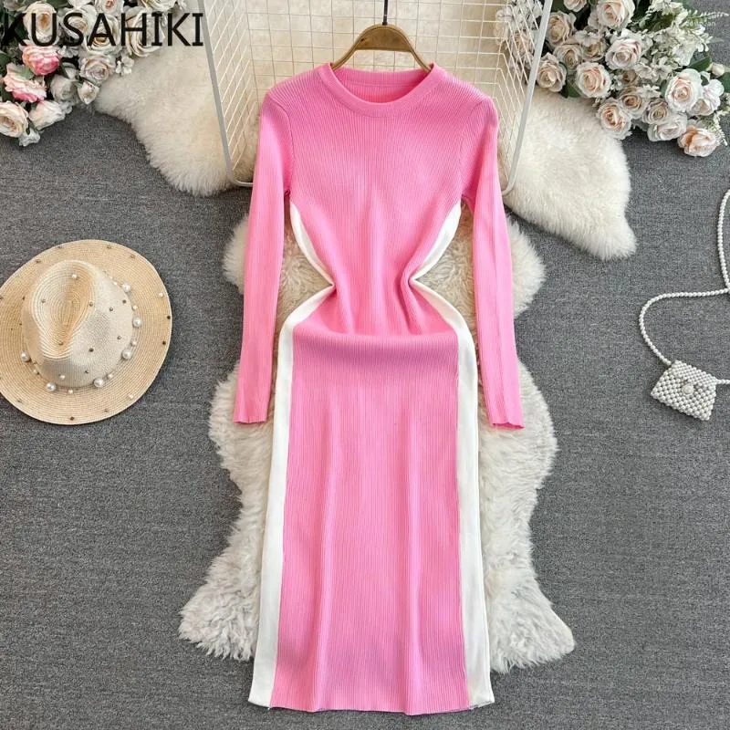 Casual Dresses Kusahiki Elegant Hit Color Long Sleeve O-Neck Slim Midje Split Sticked Bottoming Autumn Winter 2024 Sweater Vestidos