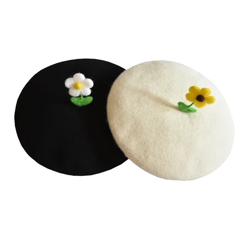 Autumn Wool Felt Sunflower Berets for Women, Handmade Winter