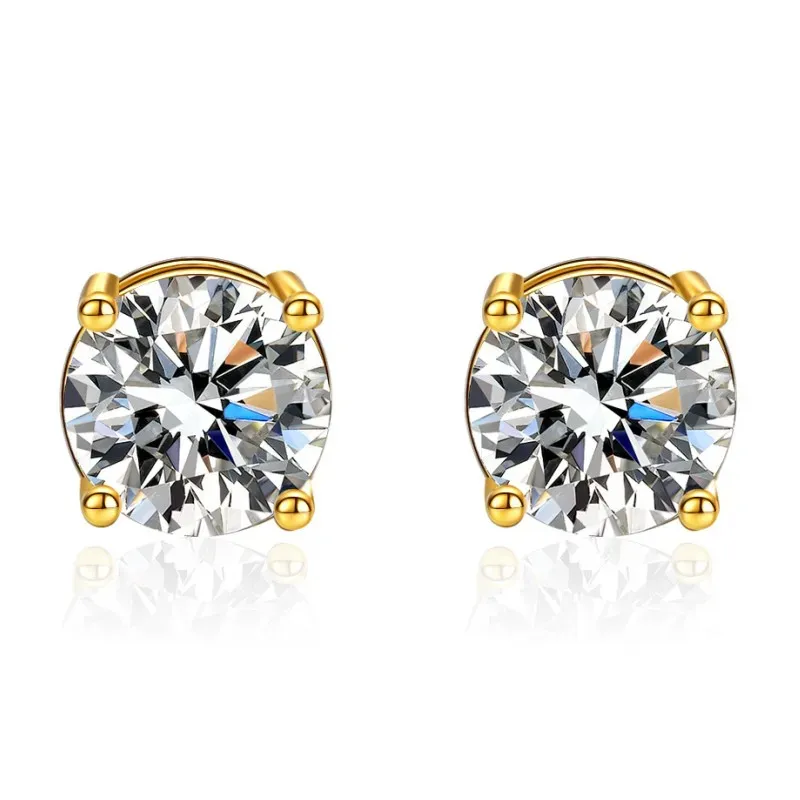 Boucles d'oreilles rondes en moissanite antiallergique en argent sterling S925 plaqué or jaune 0,5 ct 1 ct 2 ct avec vis, joli cadeau pour hommes et femmes