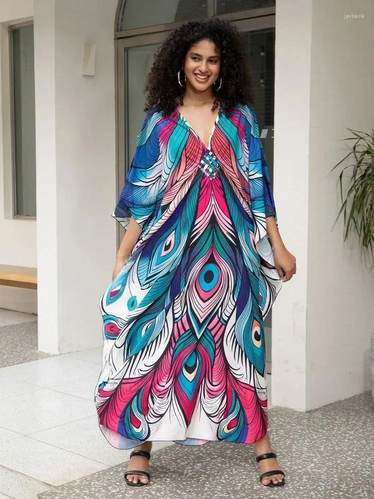 Swobodne sukienki kolorowe bohemijskie drukowane kaftan damska sukienka plażowa miękka przytulna szata boho wakacje batwing rękawa luźna moo Q1634